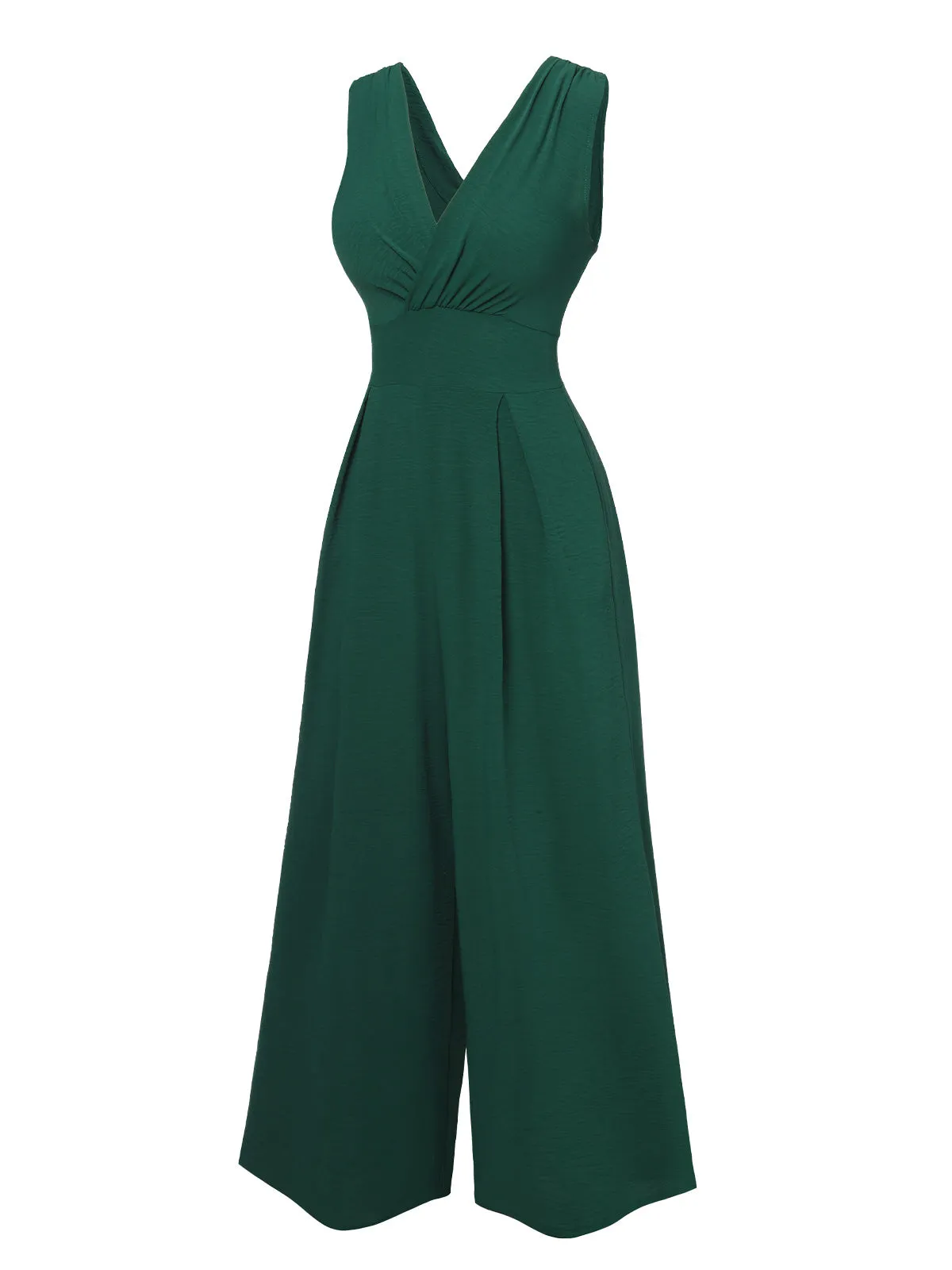 Green 1940s Solid V-Neck Wide-Leg Jumpsuit