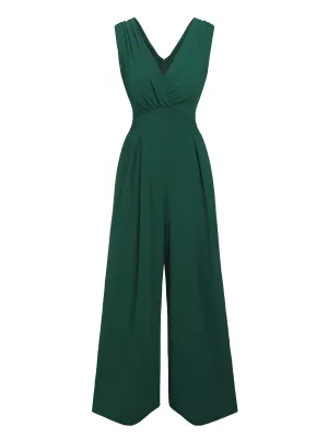 Green 1940s Solid V-Neck Wide-Leg Jumpsuit