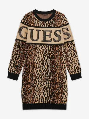 Guess Girls Leopard Print Sweater Dress in Brown