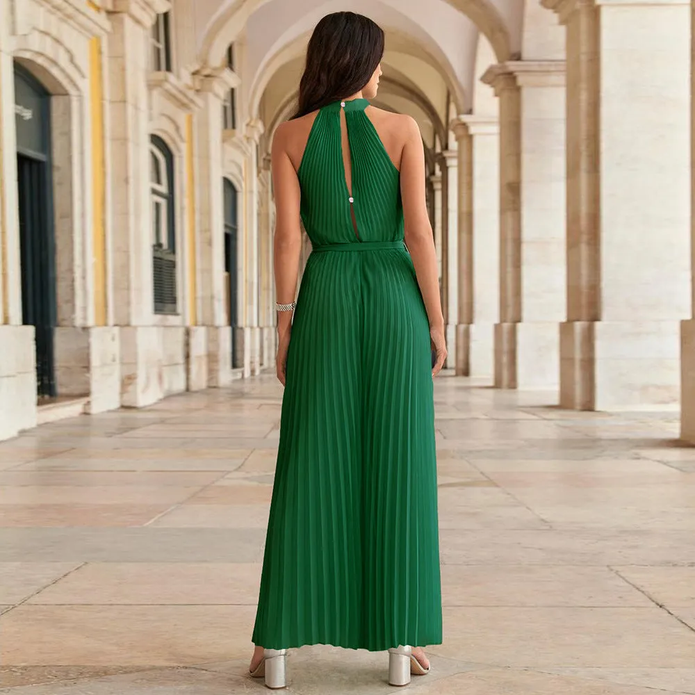 Halter Sleeveless Pleated Summer Belted Slim-fit Pleated Wide Jumpsuit