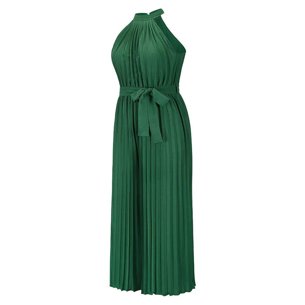 Halter Sleeveless Pleated Summer Belted Slim-fit Pleated Wide Jumpsuit