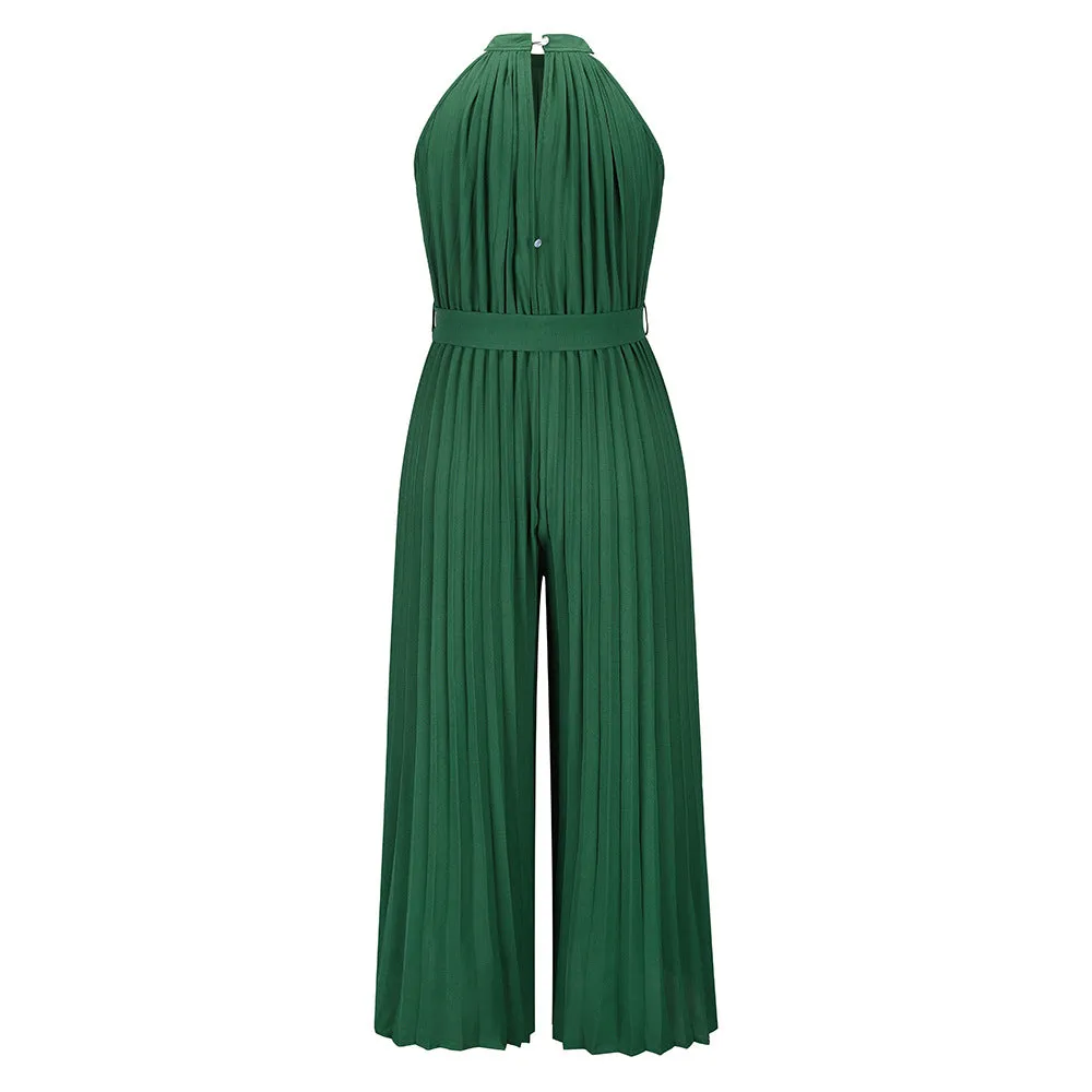 Halter Sleeveless Pleated Summer Belted Slim-fit Pleated Wide Jumpsuit