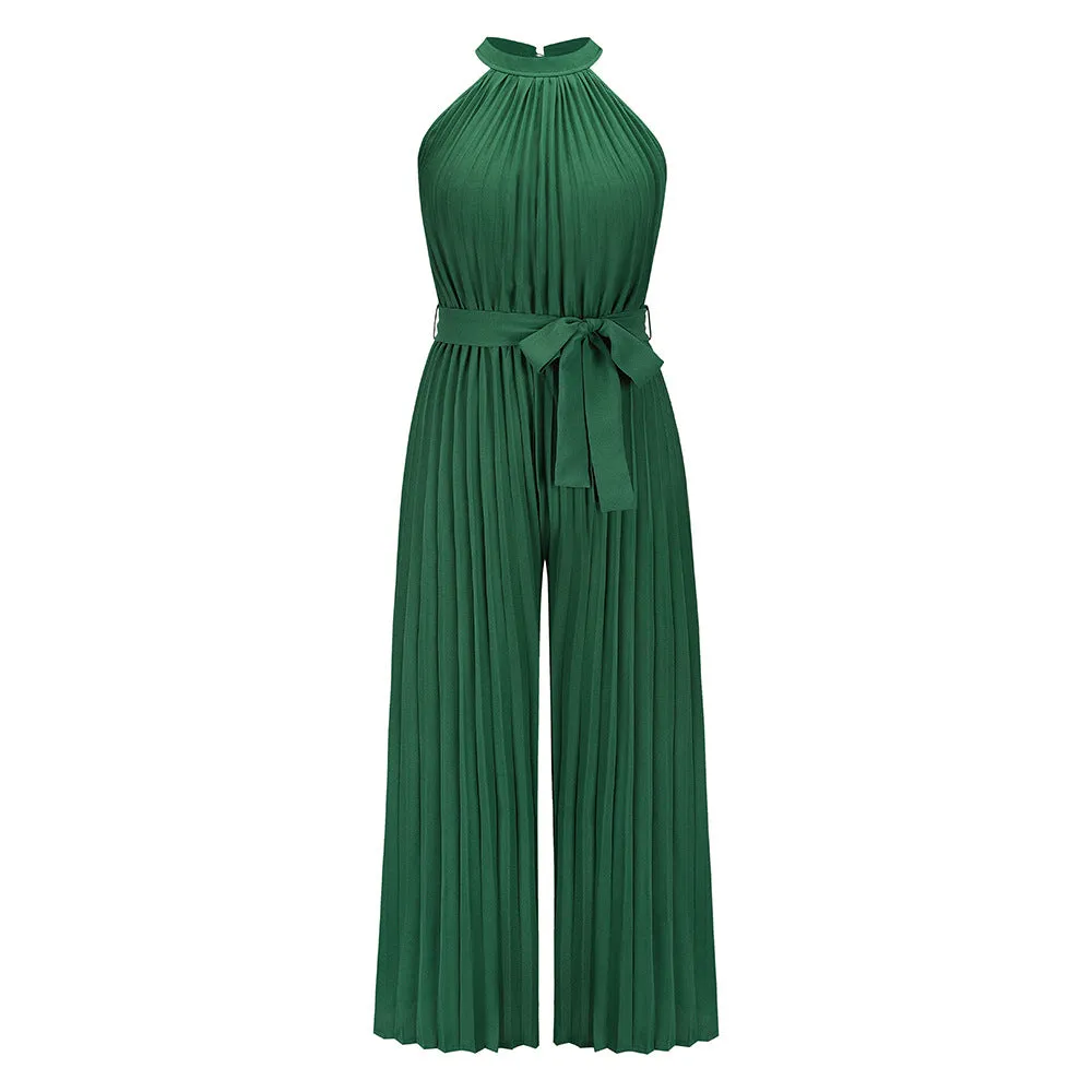 Halter Sleeveless Pleated Summer Belted Slim-fit Pleated Wide Jumpsuit