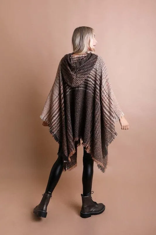 Herringbone Tweed Hooded Frayed Edge Poncho *Online Only*