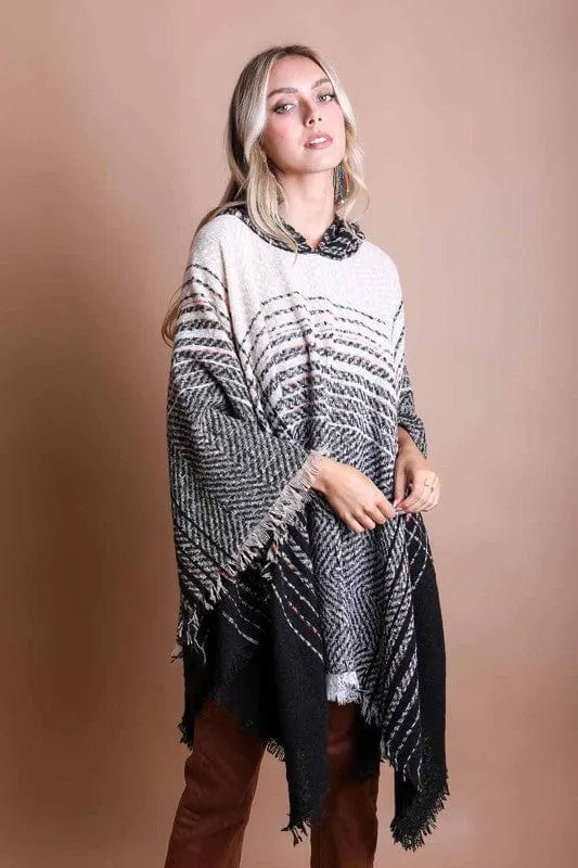 Herringbone Tweed Hooded Frayed Edge Poncho *Online Only*