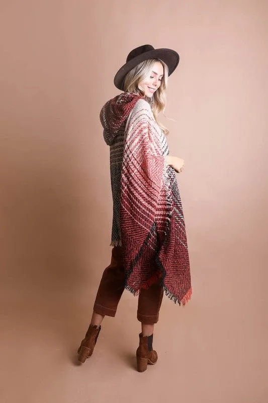 Herringbone Tweed Hooded Frayed Edge Poncho *Online Only*