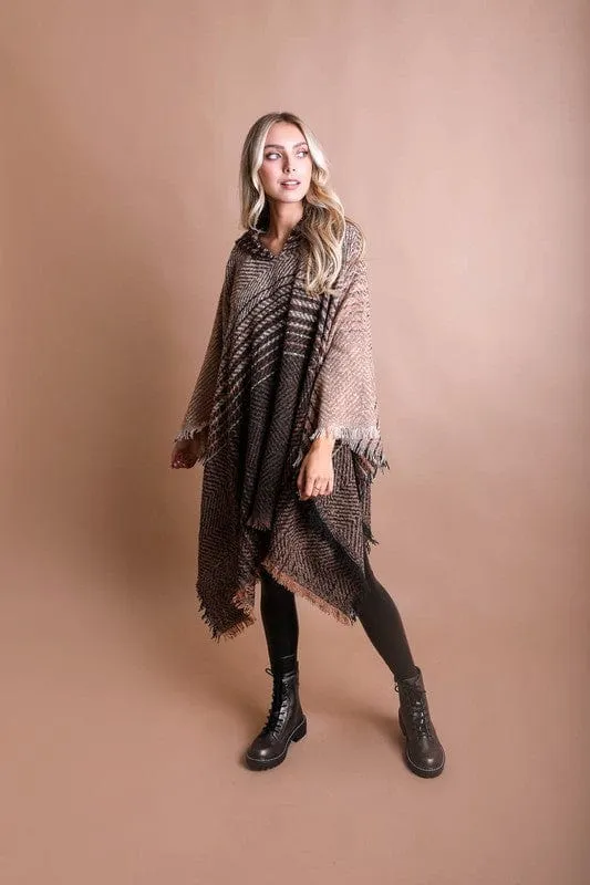 Herringbone Tweed Hooded Frayed Edge Poncho *Online Only*