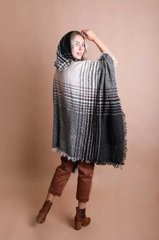 Herringbone Tweed Hooded Frayed Edge Poncho *Online Only*