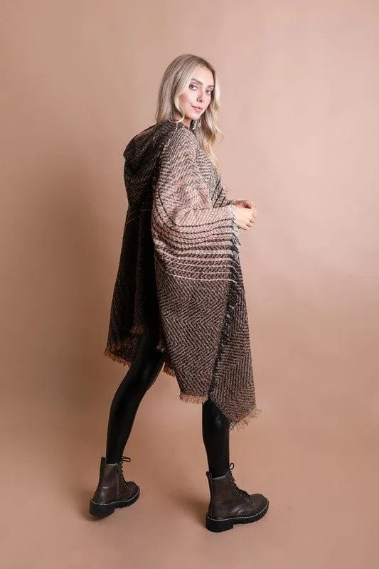 Herringbone Tweed Hooded Frayed Edge Poncho *Online Only*