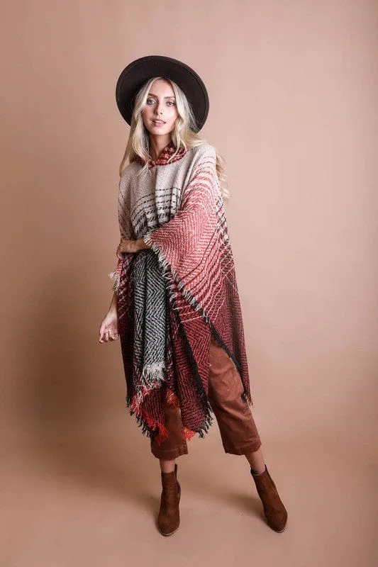 Herringbone Tweed Hooded Frayed Edge Poncho *Online Only*