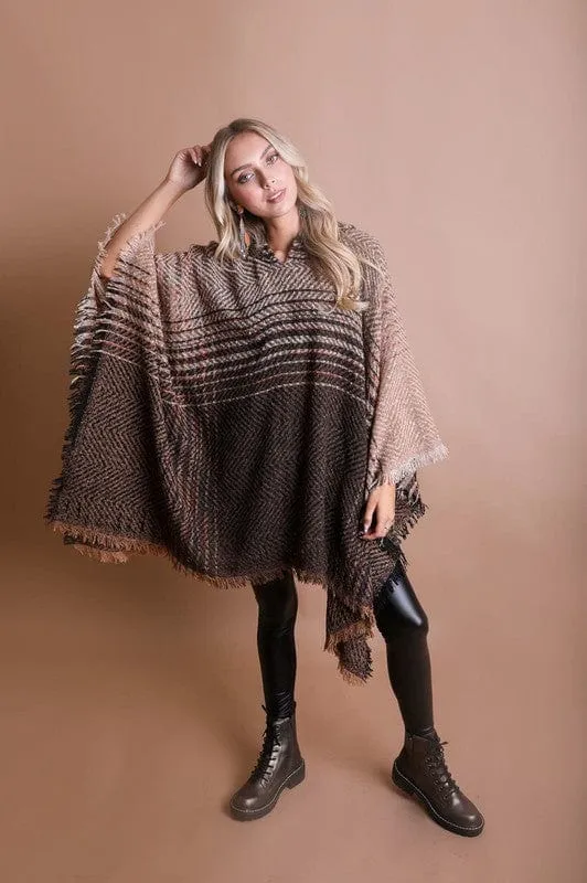 Herringbone Tweed Hooded Frayed Edge Poncho *Online Only*