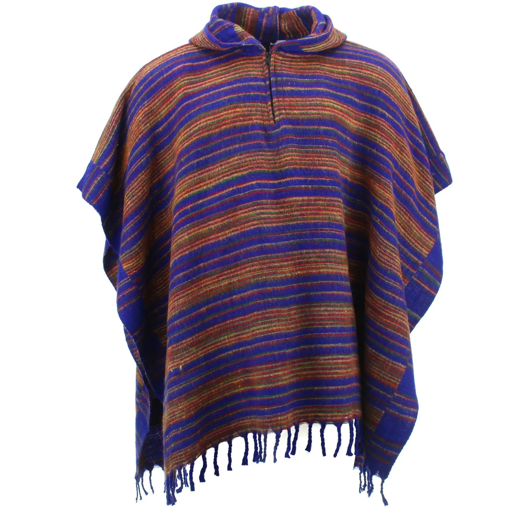 Hooded Square Poncho - Blue & Brown