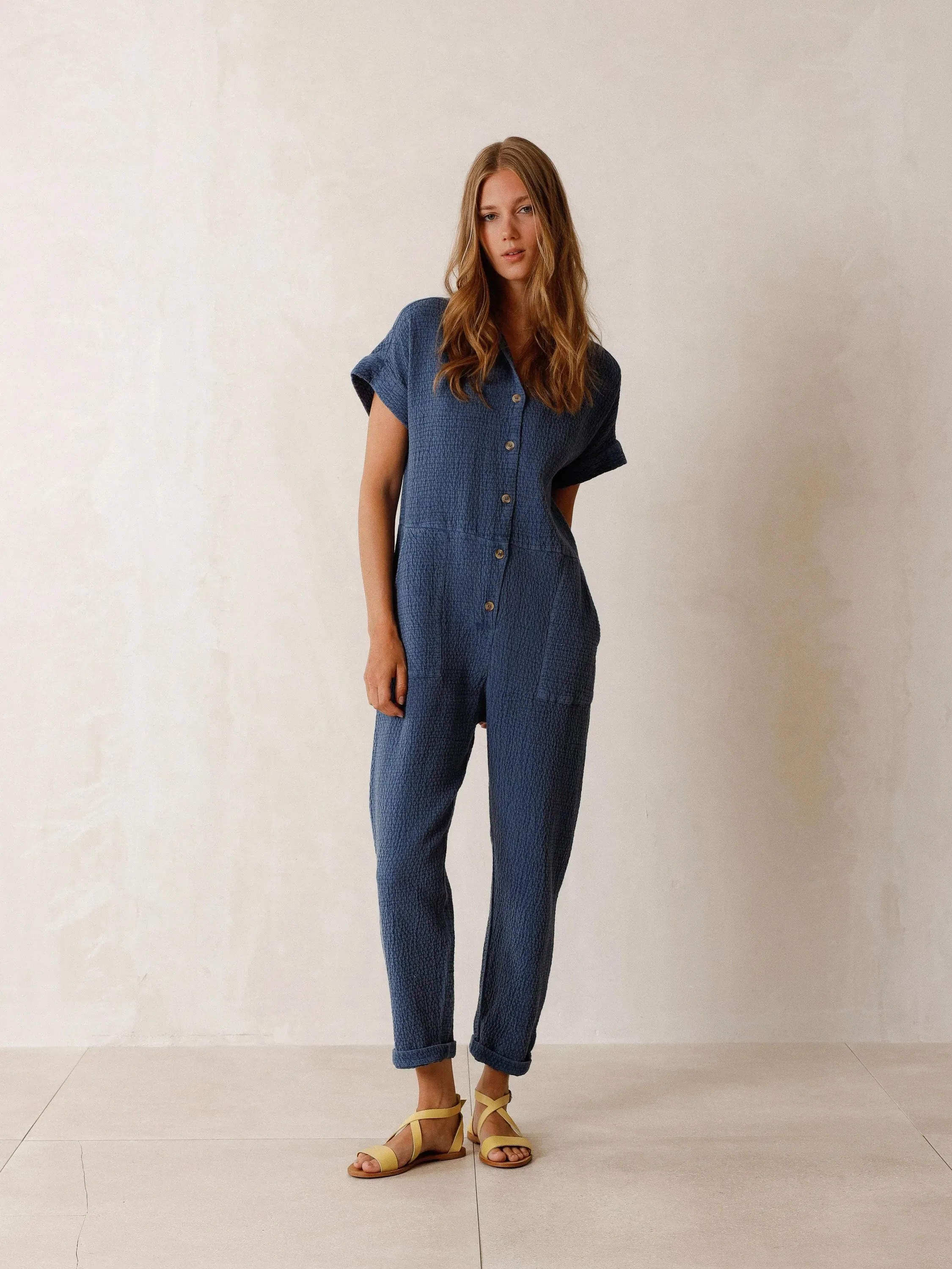 Indi & Cold Rustic Jacquard Jumpsuit in Indigo