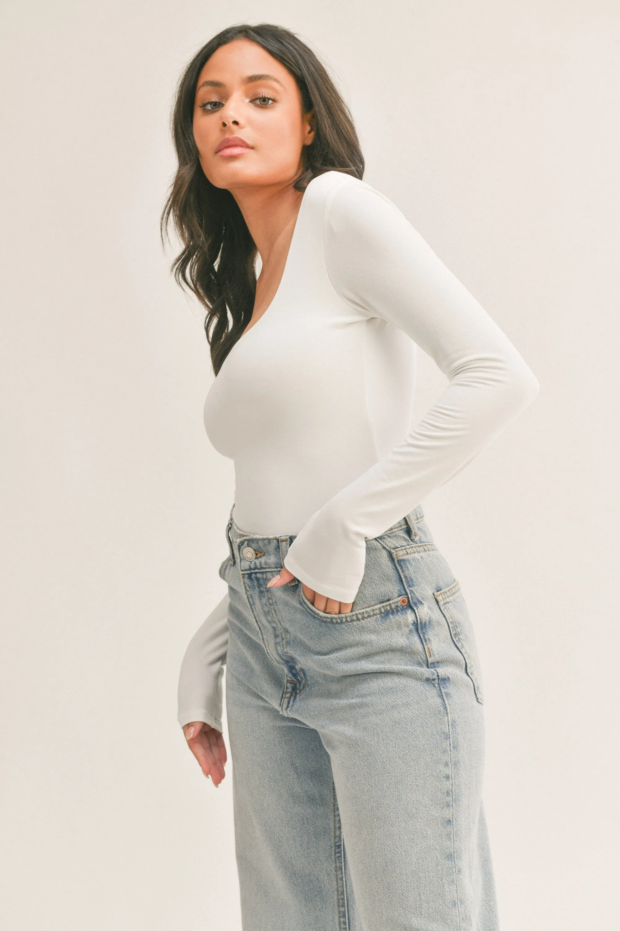 Jade Long Sleeve Bodysuit || White