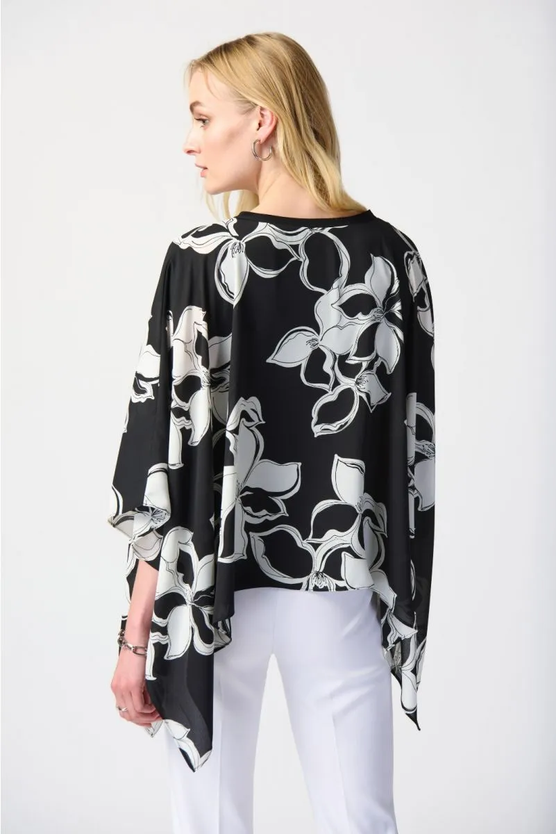 Joseph Ribkoff Black/Vanilla Floral Print Two-Tone V-Neck Poncho Top 241170