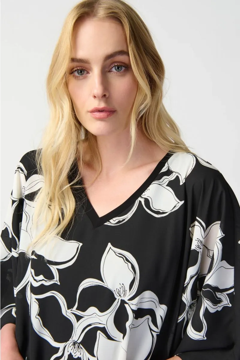 Joseph Ribkoff Black/Vanilla Floral Print Two-Tone V-Neck Poncho Top 241170