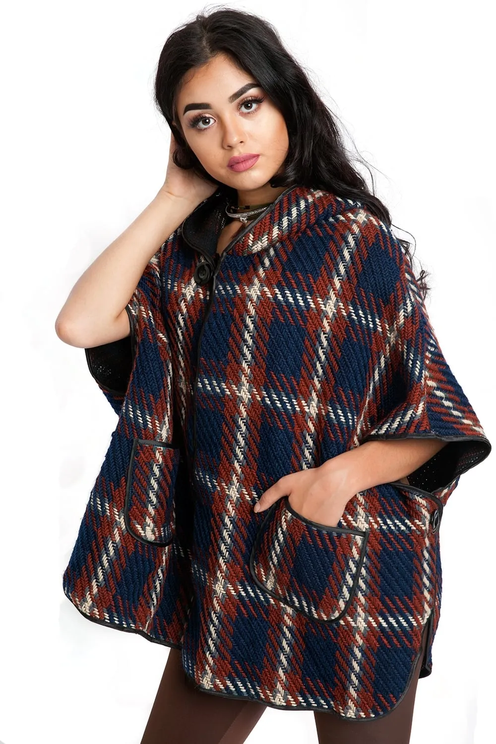 Knitted Checked Wool Mix Poncho Cardigan