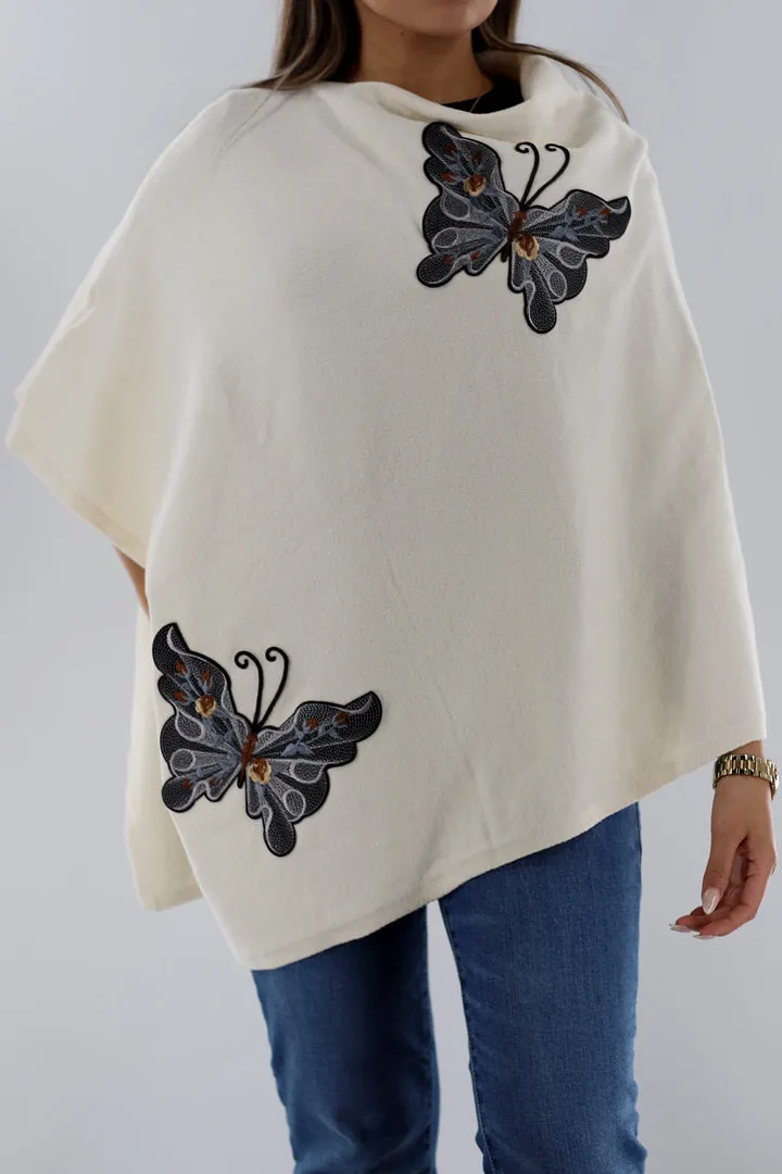 Knitted Poncho with Butterfly Embroidery