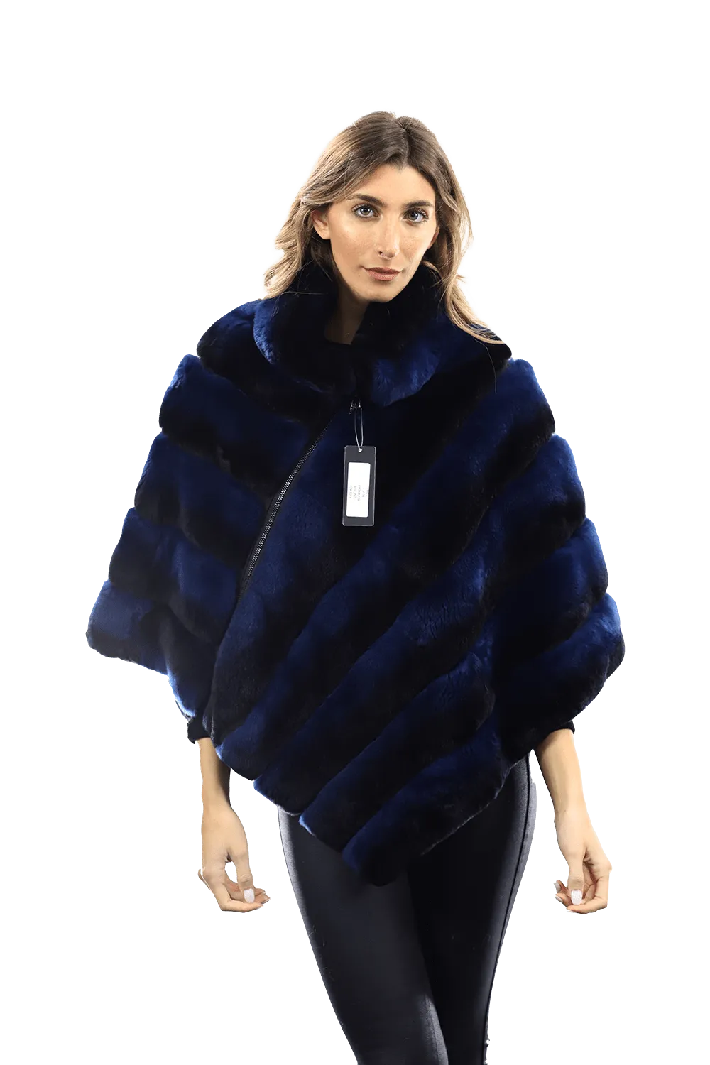 La Fiorentina -  Two Tone Rex Rabbit Poncho with Zipper - Blue