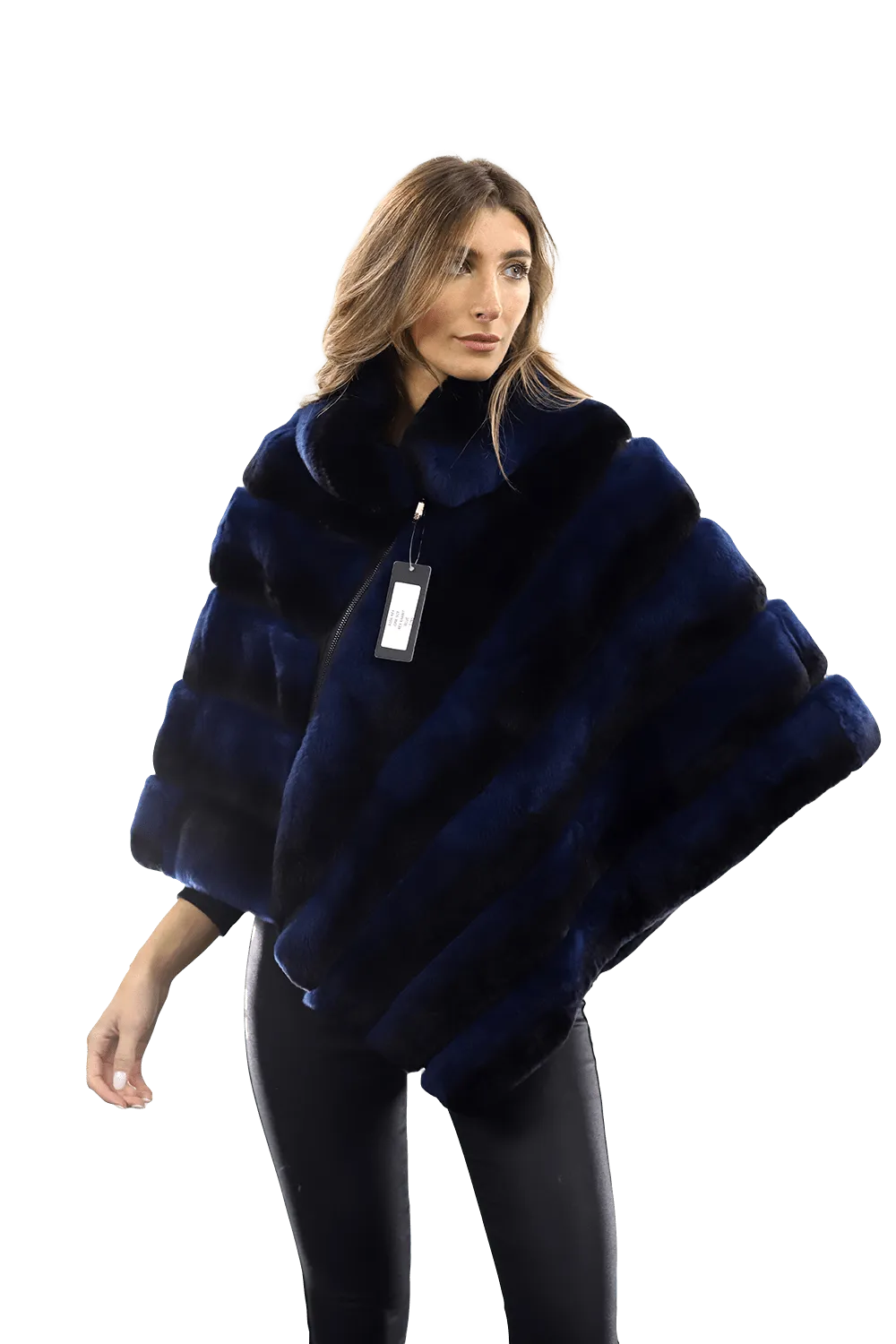 La Fiorentina -  Two Tone Rex Rabbit Poncho with Zipper - Blue