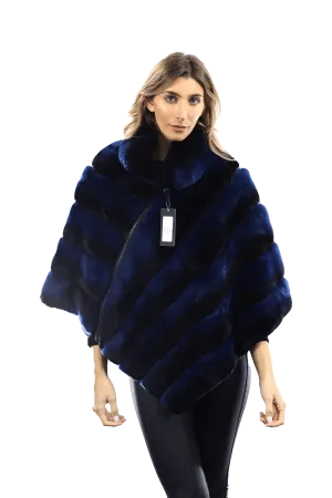 La Fiorentina -  Two Tone Rex Rabbit Poncho with Zipper - Blue