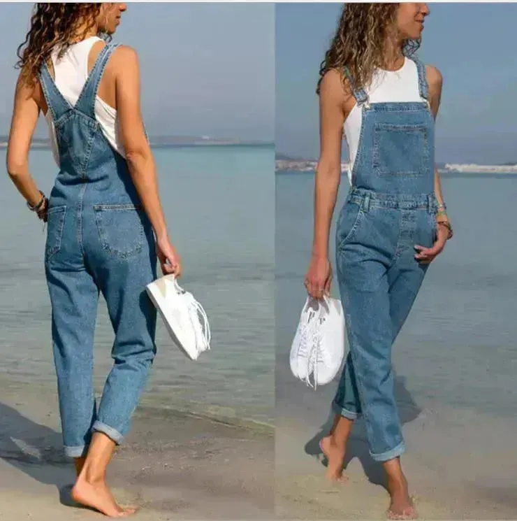 Ladies' Long Blue Denim Jeans Romper Jumpsuit With Straps