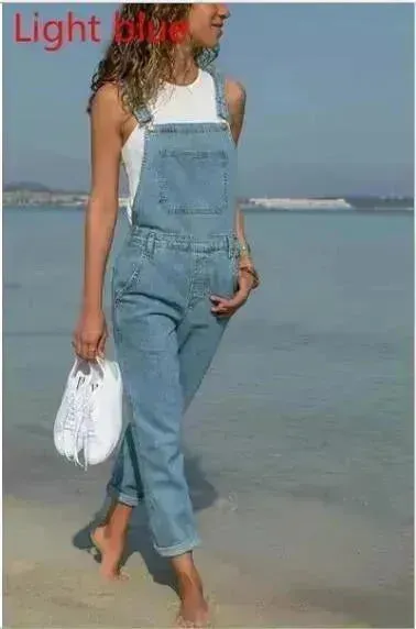 Ladies' Long Blue Denim Jeans Romper Jumpsuit With Straps