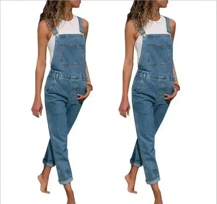 Ladies' Long Blue Denim Jeans Romper Jumpsuit With Straps