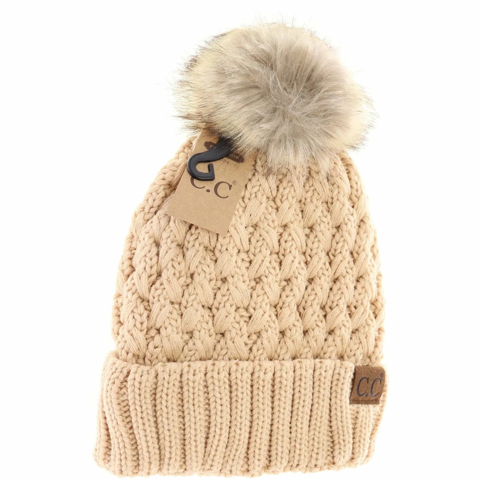 Lattice Stitch Fur Pom CC Beanie (Multiple Colors)