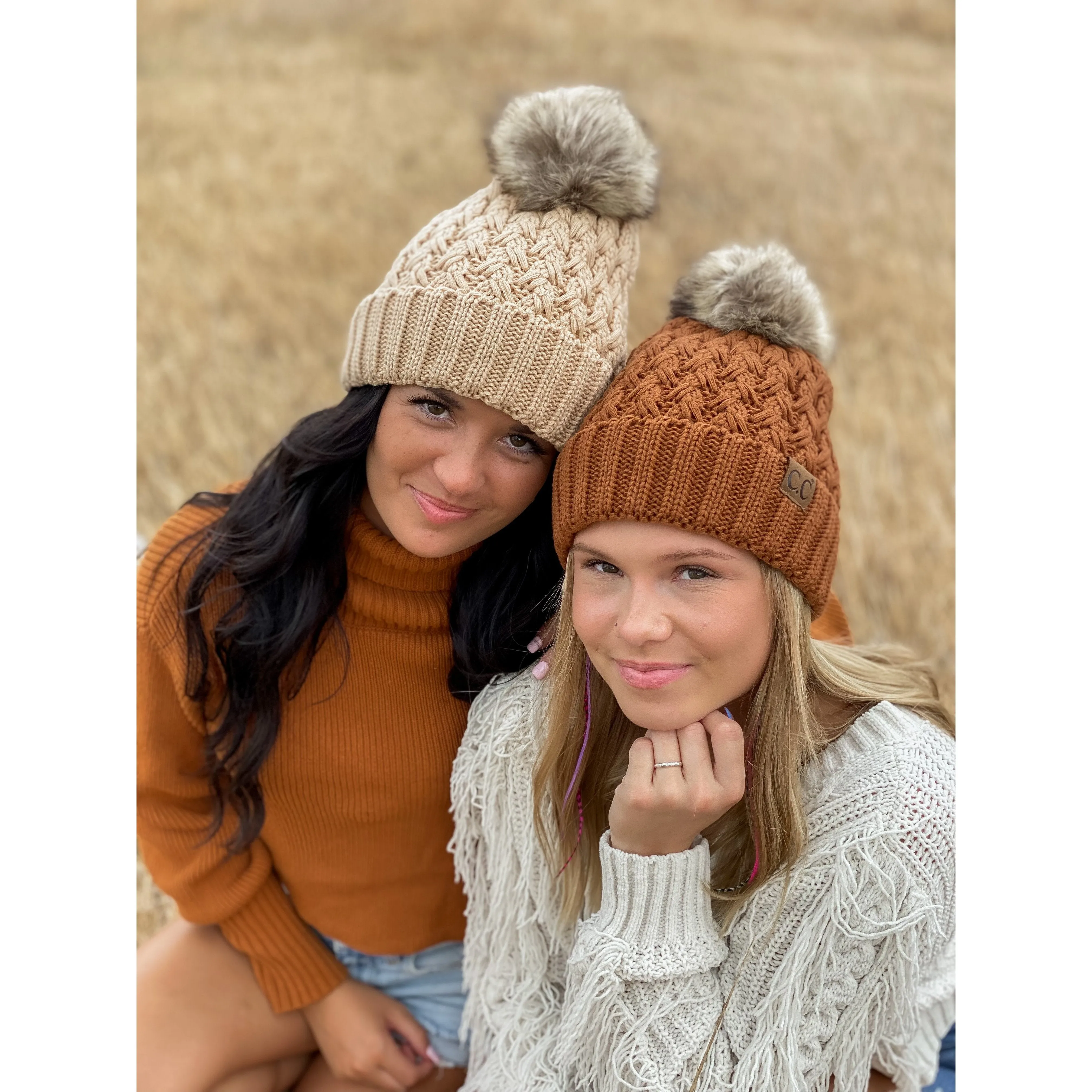 Lattice Stitch Fur Pom CC Beanie (Multiple Colors)