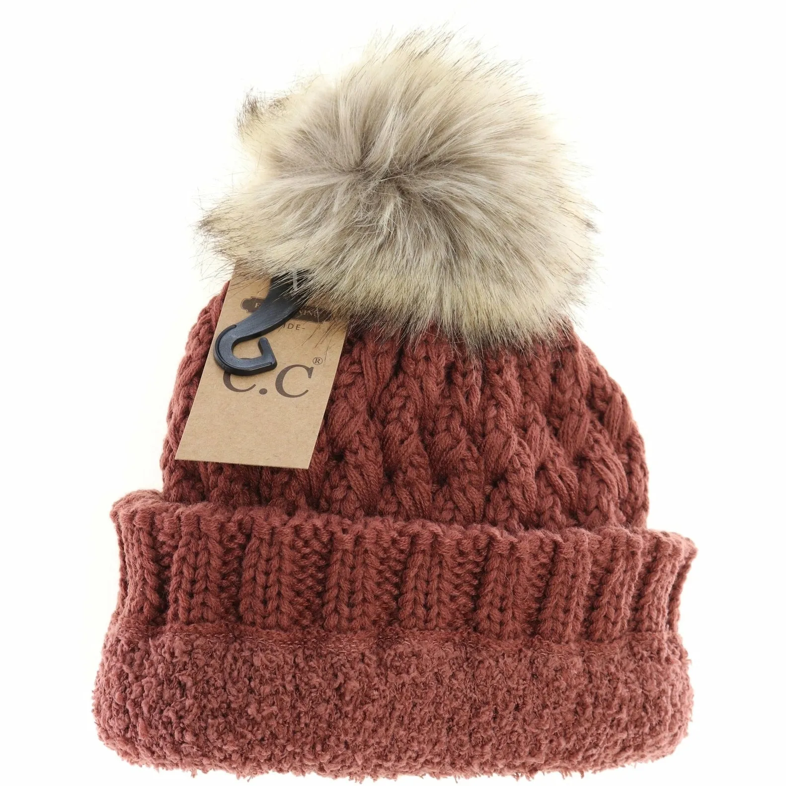 Lattice Stitch Fur Pom CC Beanie (Multiple Colors)