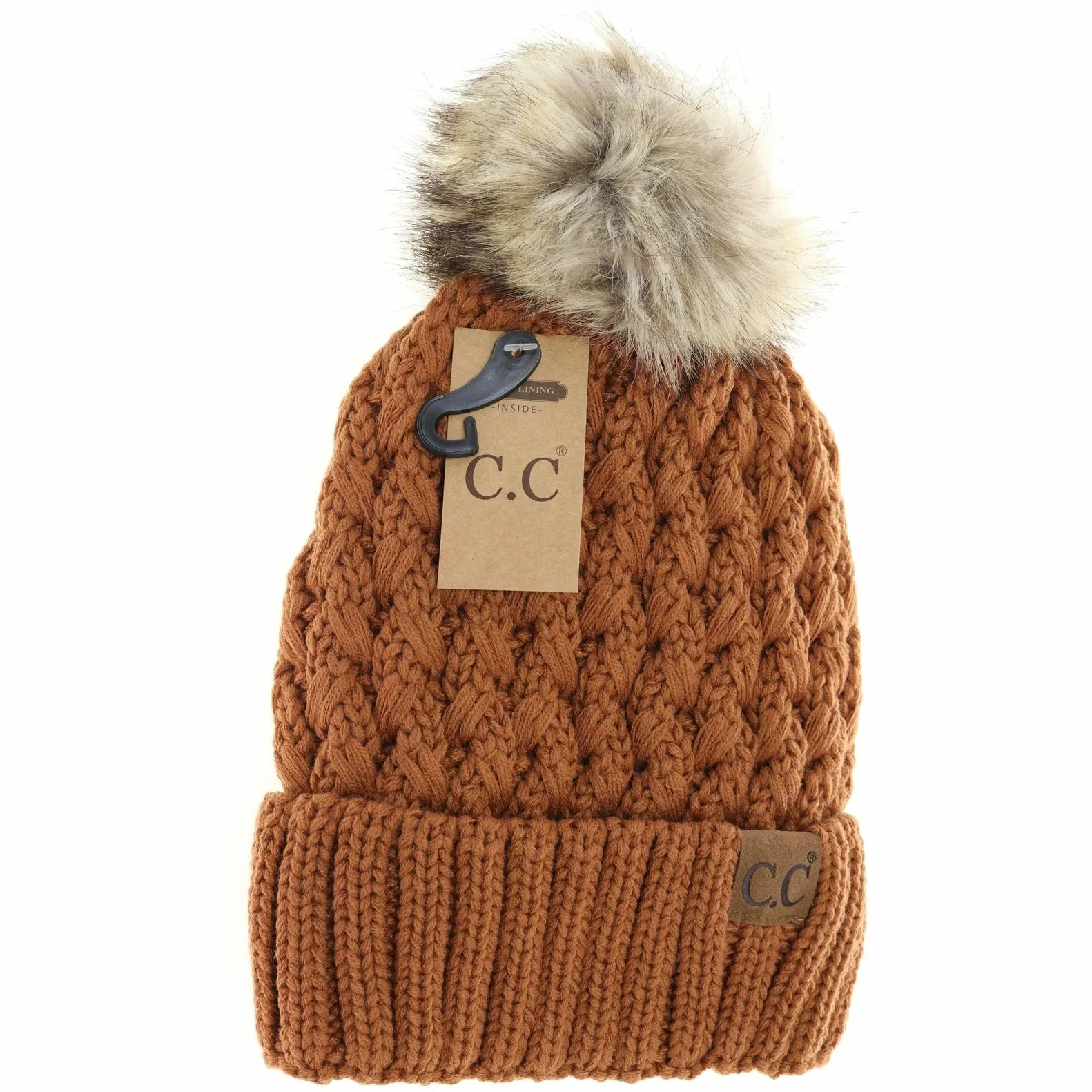 Lattice Stitch Fur Pom CC Beanie (Multiple Colors)