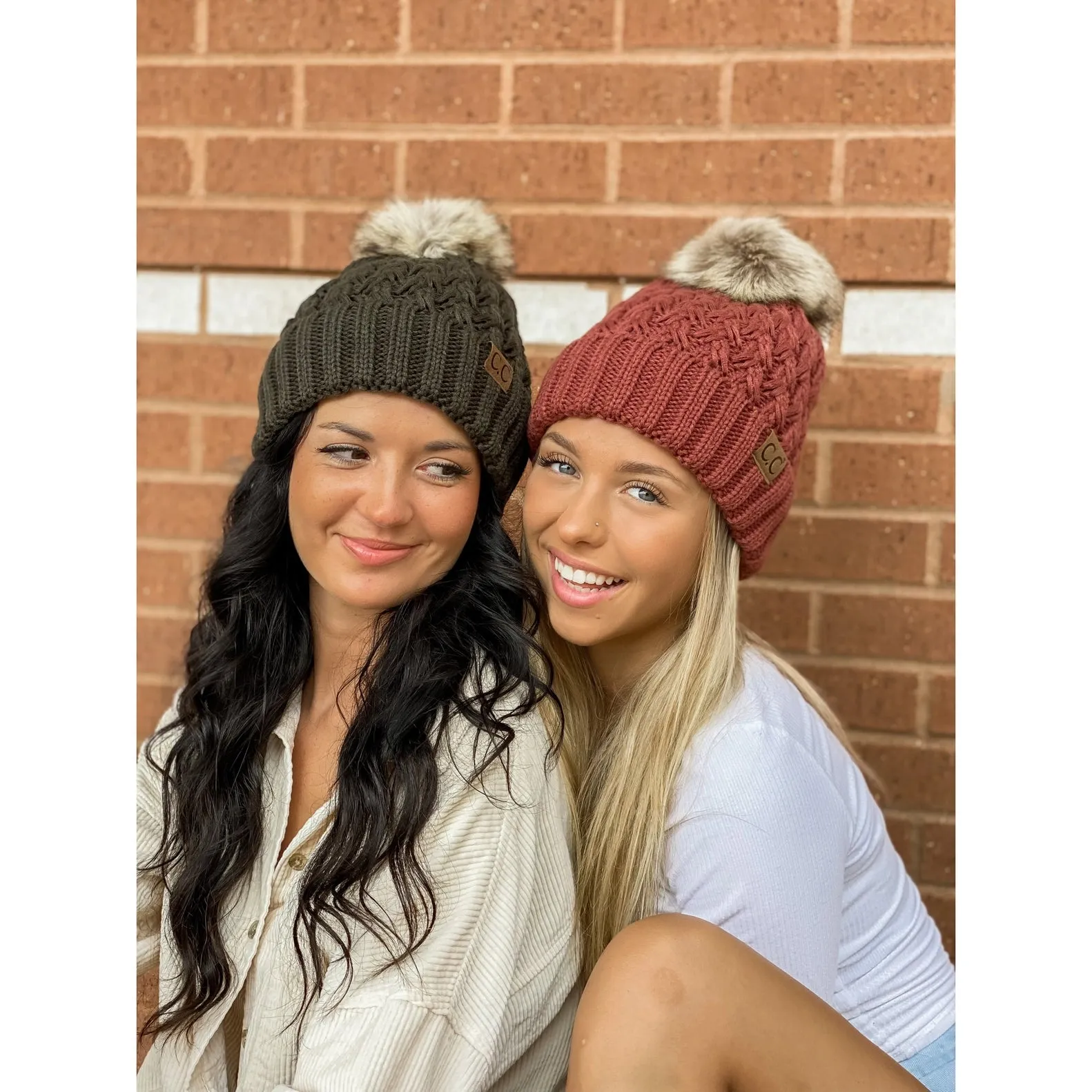 Lattice Stitch Fur Pom CC Beanie (Multiple Colors)