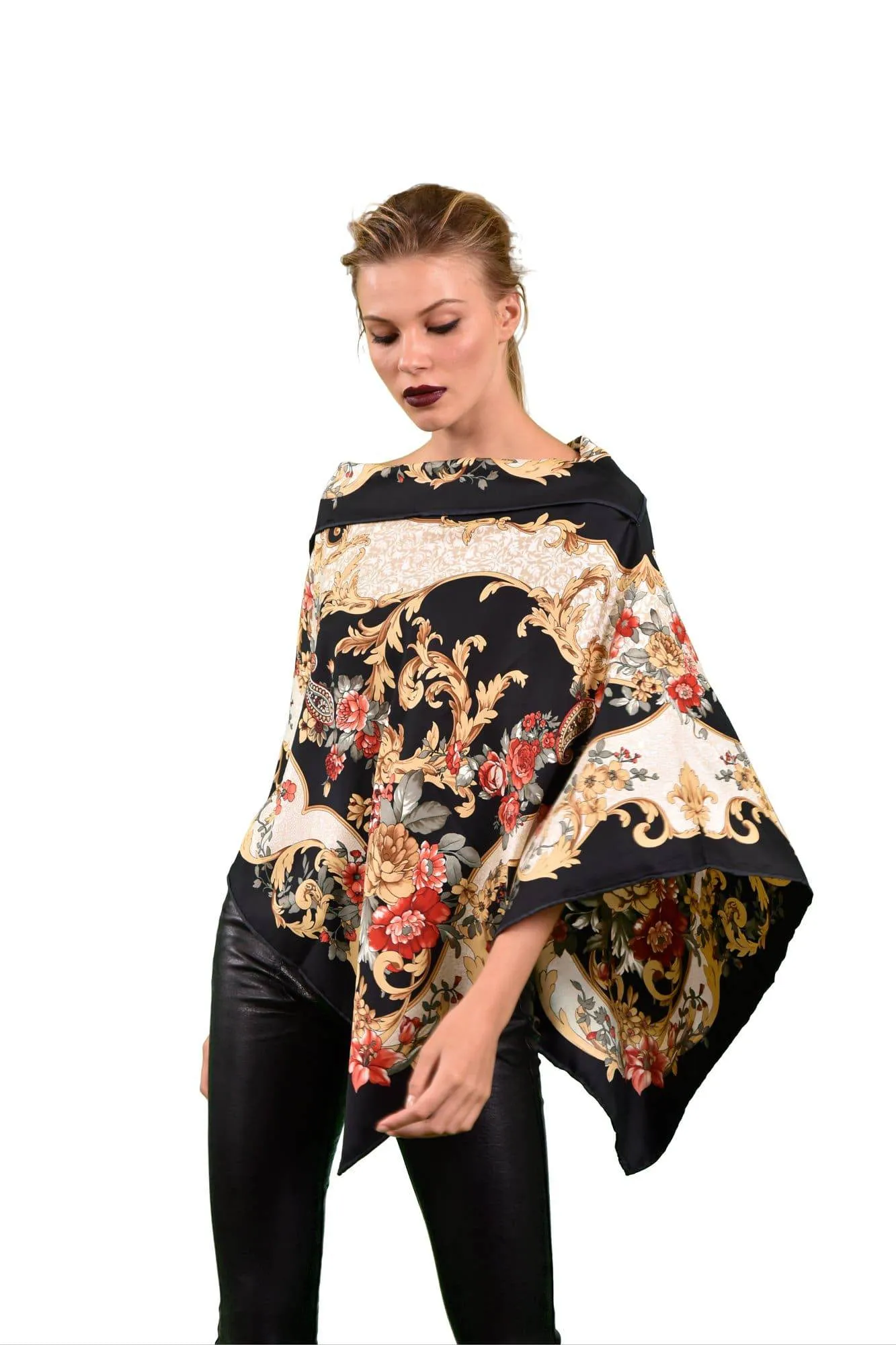 Lightweight Delicate Floral Print Poncho - Black