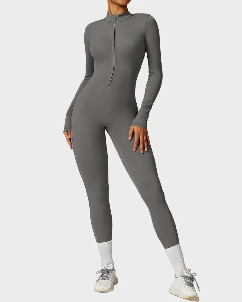 Lightweight Zipper Front Fitted Workout Jumpsuit