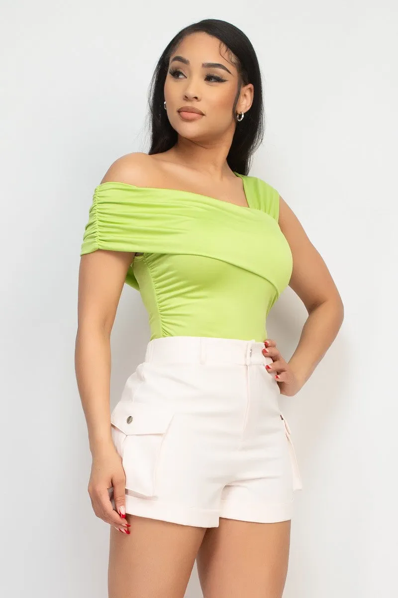 Lime Off Shoulder Ruched Bodysuit