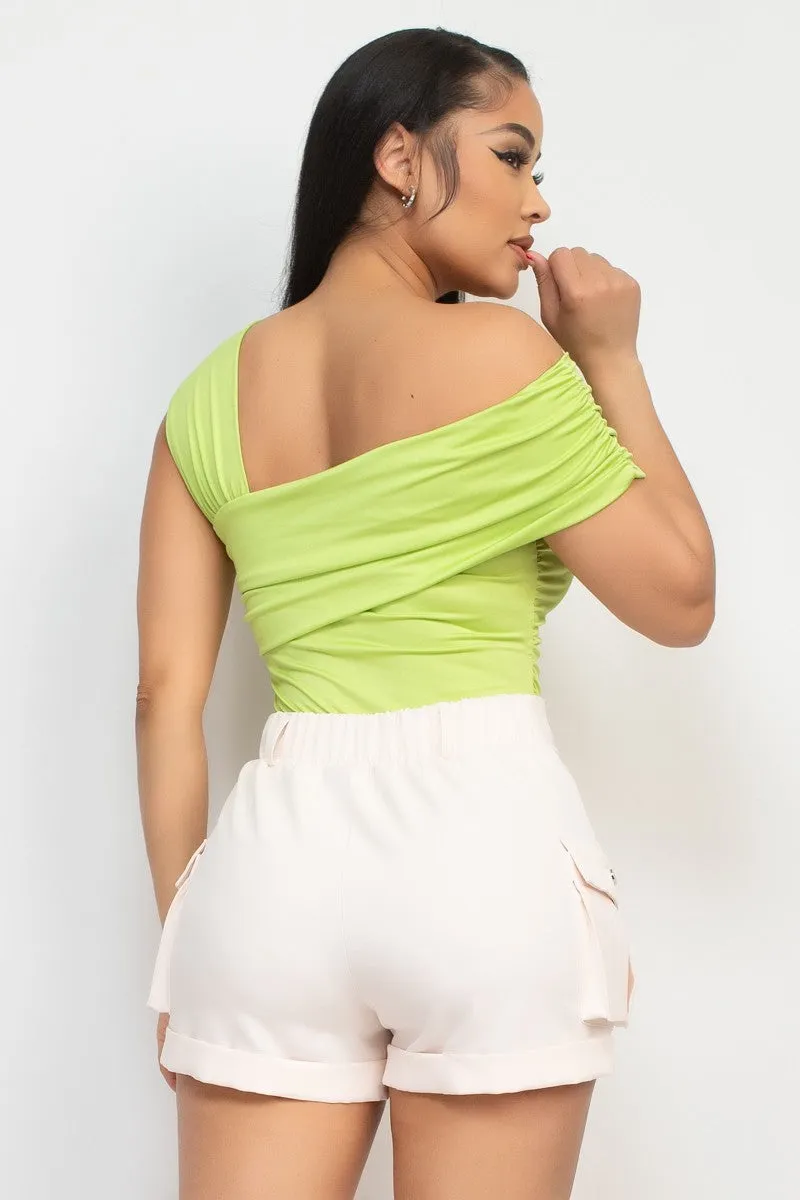 Lime Off Shoulder Ruched Bodysuit