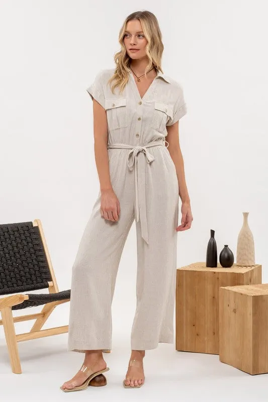 Linen Mix Button Down Belted Wide Leg Culotte Jumpsuit