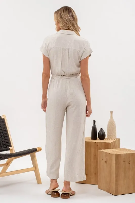 Linen Mix Button Down Belted Wide Leg Culotte Jumpsuit