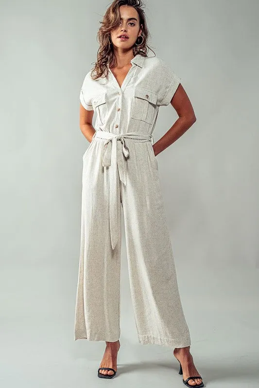 Linen Mix Button Down Belted Wide Leg Culotte Jumpsuit