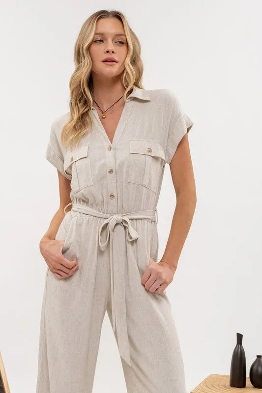 Linen Mix Button Down Belted Wide Leg Culotte Jumpsuit