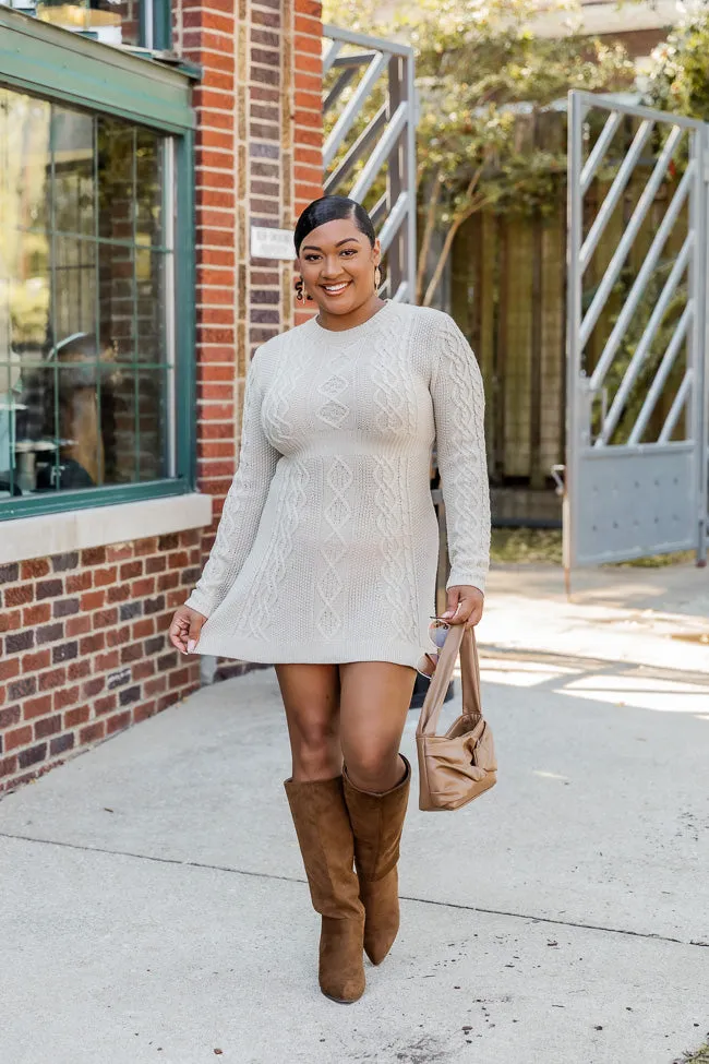 Living for Friday Beige Cable Knit Sweater Dress