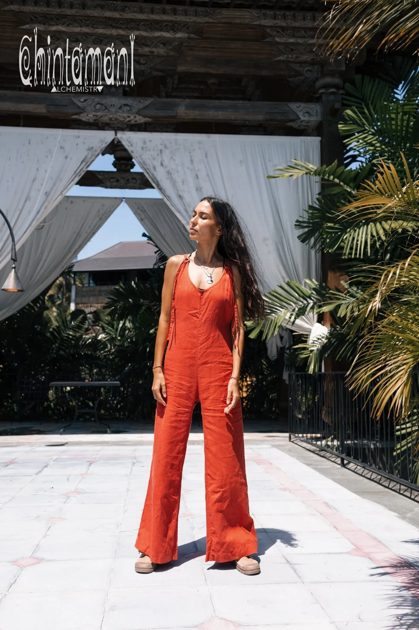 Long Linen Jumpsuit for Women / Maxi Overalls with Back Zip / Red Ochre