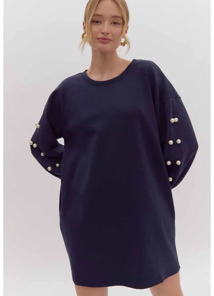 LS Sweater Mini Dress with Pearl Detail in Navy by Entro