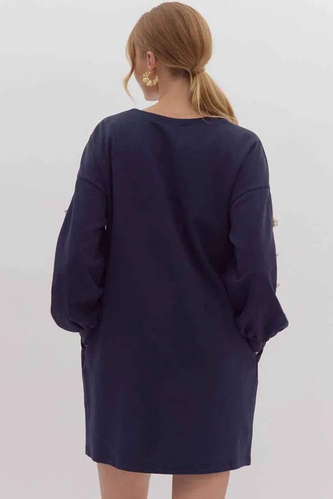 LS Sweater Mini Dress with Pearl Detail in Navy by Entro