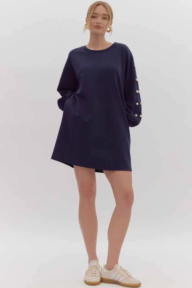 LS Sweater Mini Dress with Pearl Detail in Navy by Entro