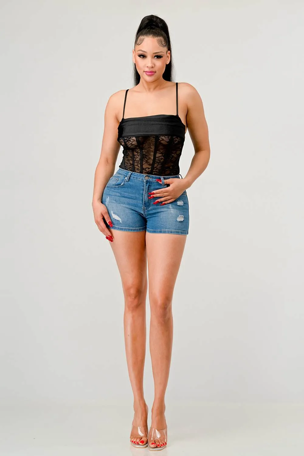 LUXE HEAVY CRYSTAL LACE CONTRAST BODYSUIT