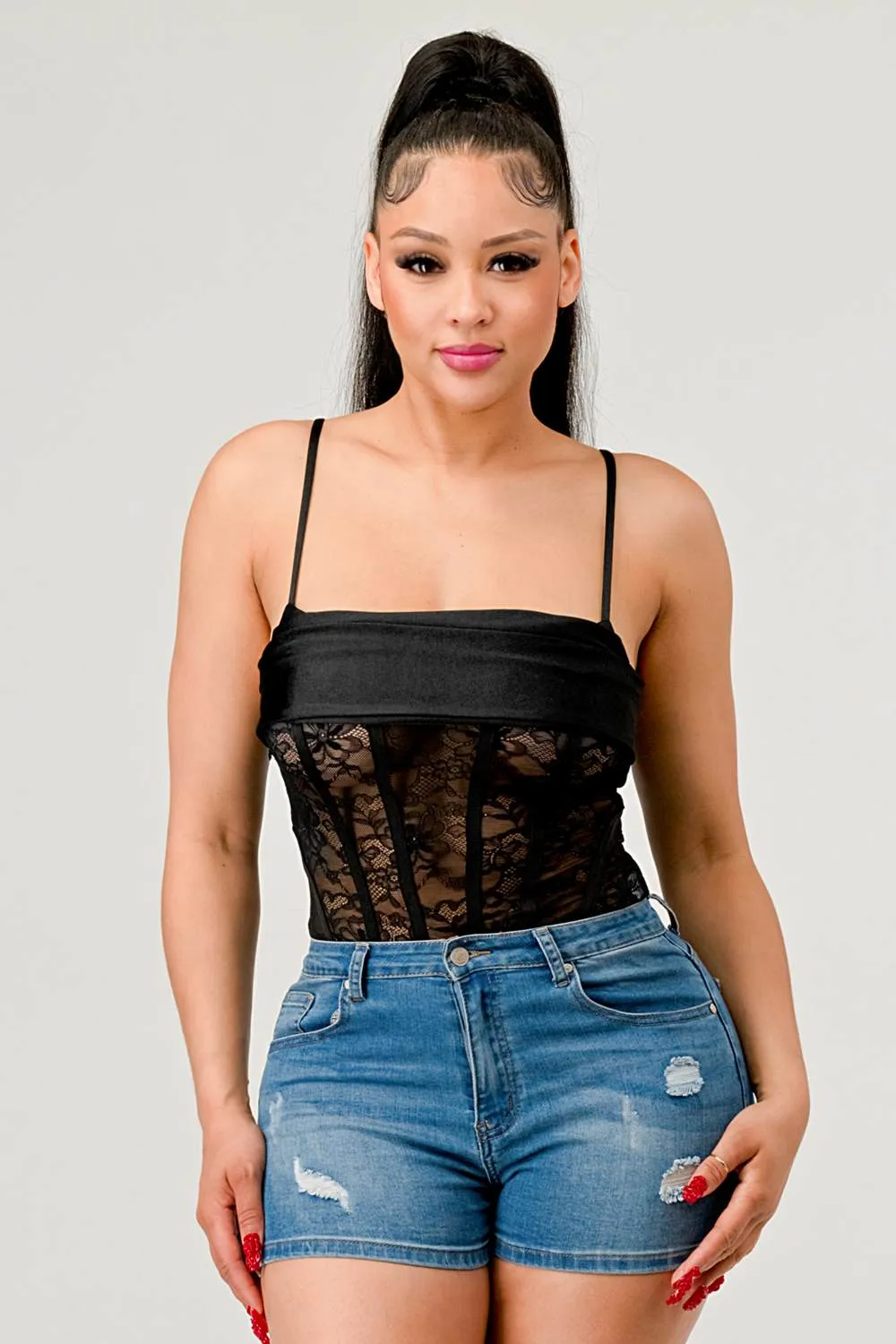 LUXE HEAVY CRYSTAL LACE CONTRAST BODYSUIT