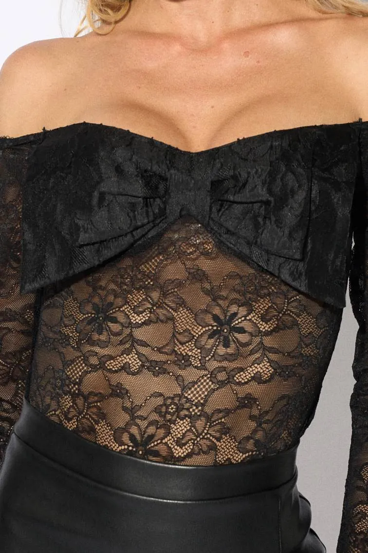 LUXE LACE BIG BOW OFF SHOULDER SEE-THRU BODYSUIT