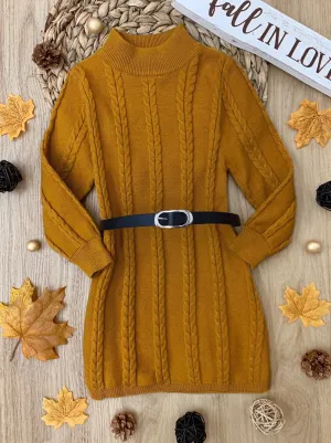 Marigold Glam Cable Knit Belted Sweater Dress